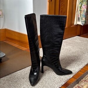Mango Black Croc-Embossed Knee-High Boots. Size 7-7.5